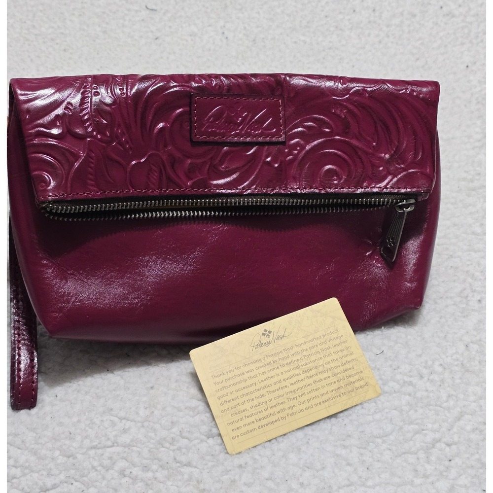 Patricia Nash Valerie Fold-over Wristlet Plum Purple Floral Embossed Leather Bag - Picture 5 of 13